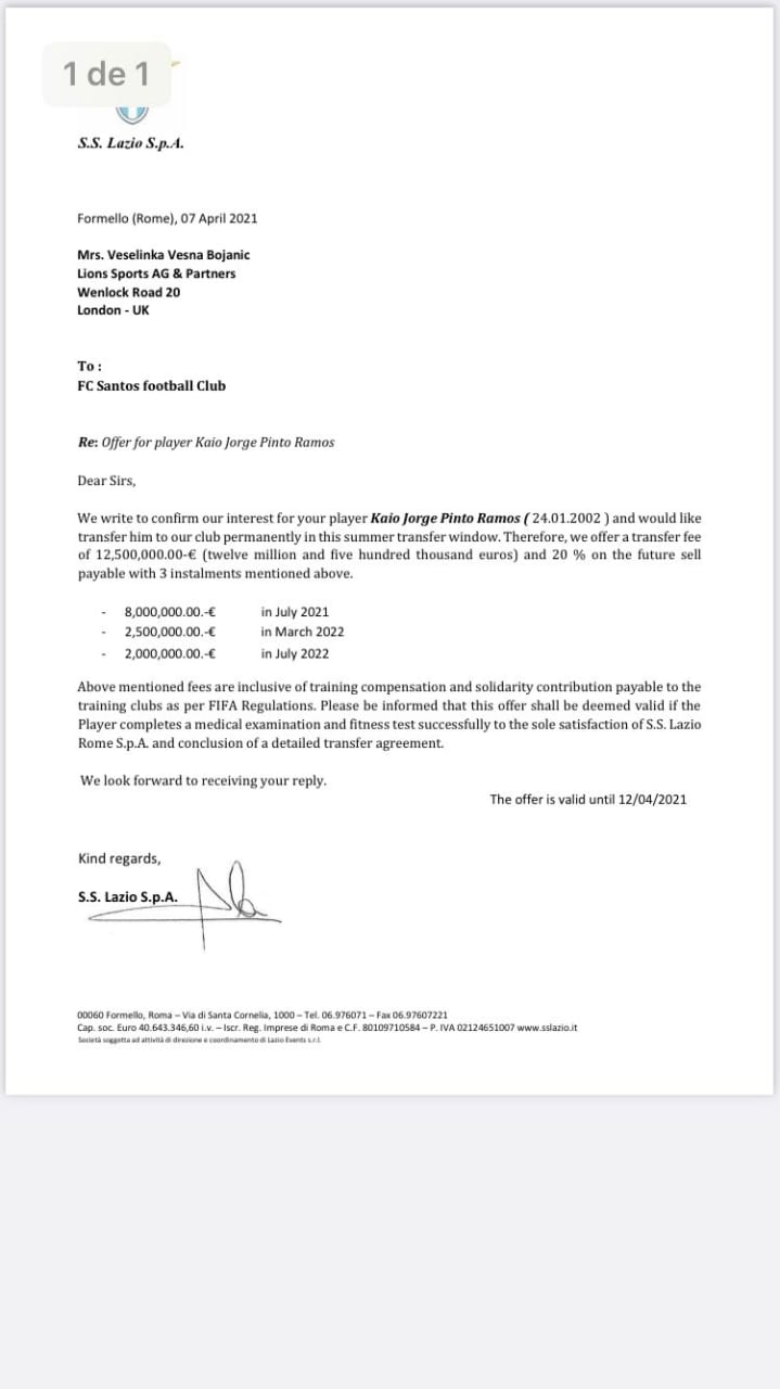 Santos recebe proposta milionária da Lazio por Kaio Jorge