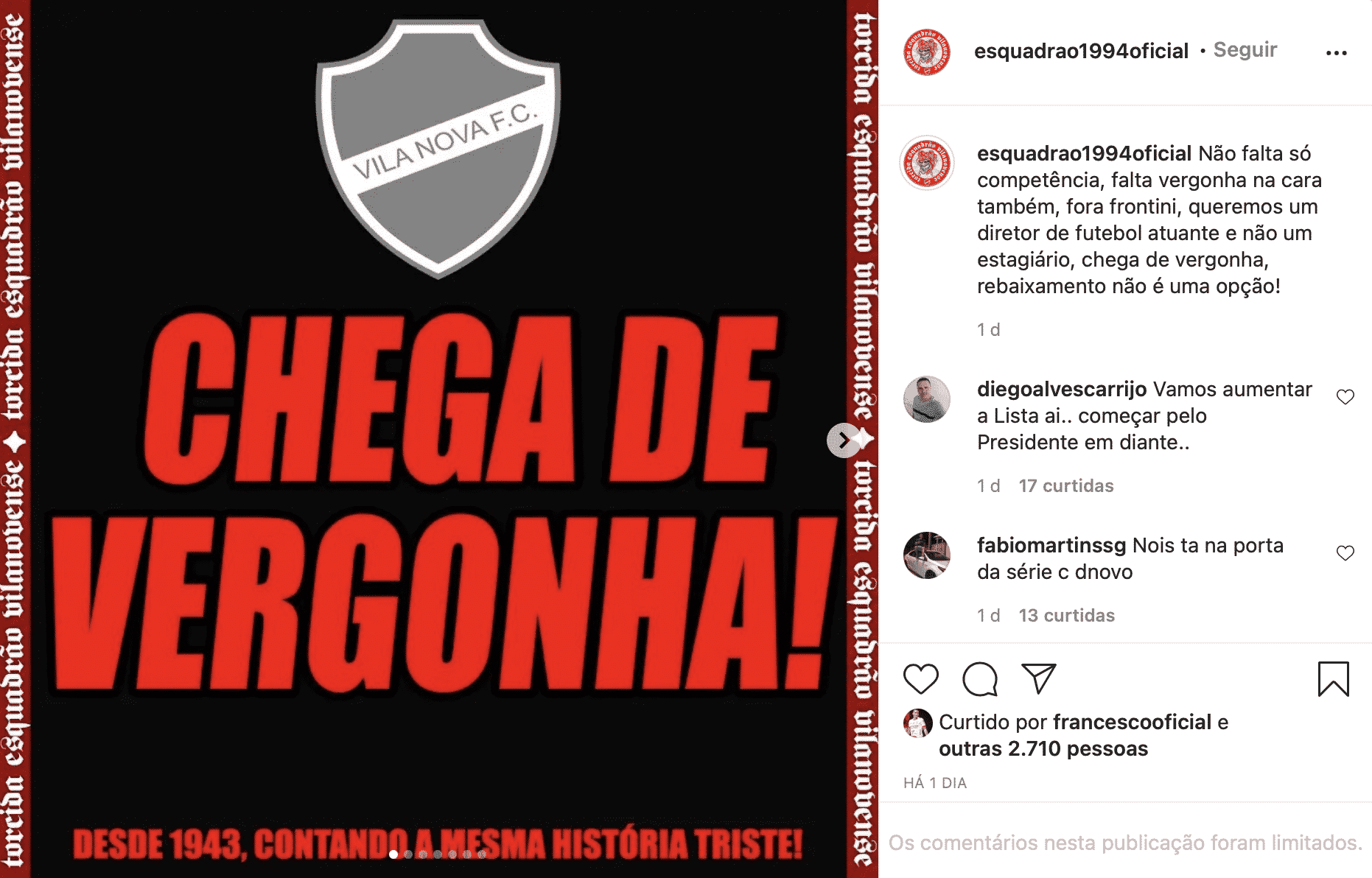 Publicação da Torcida Esquadrão Vilanovense (Reprodução/Instagram)