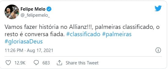 Felipe Melo provoca após classificação: “Palmeiras classificado, o resto é conversa fiada”