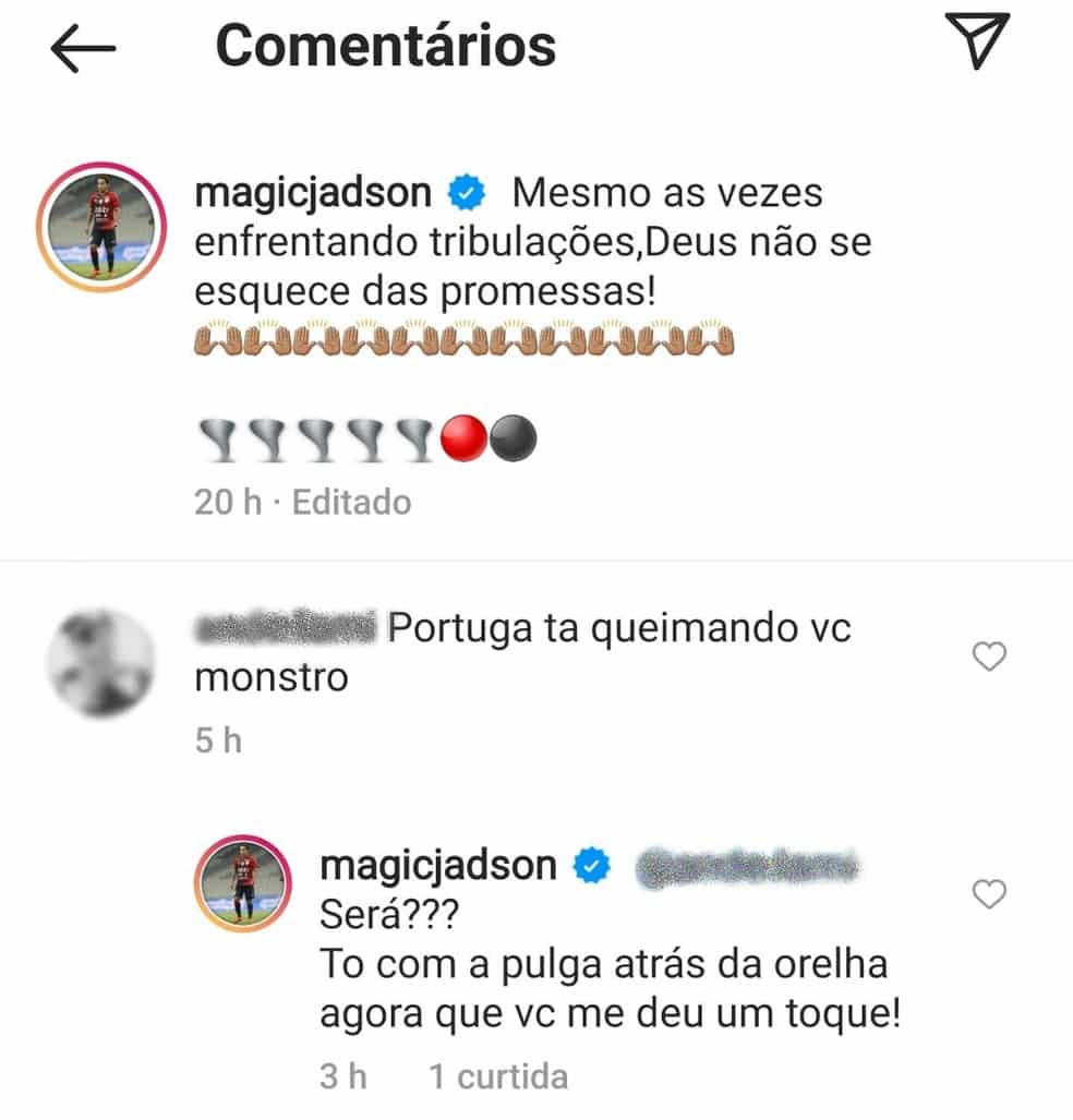 Jadson responde torcedor em sua rede social