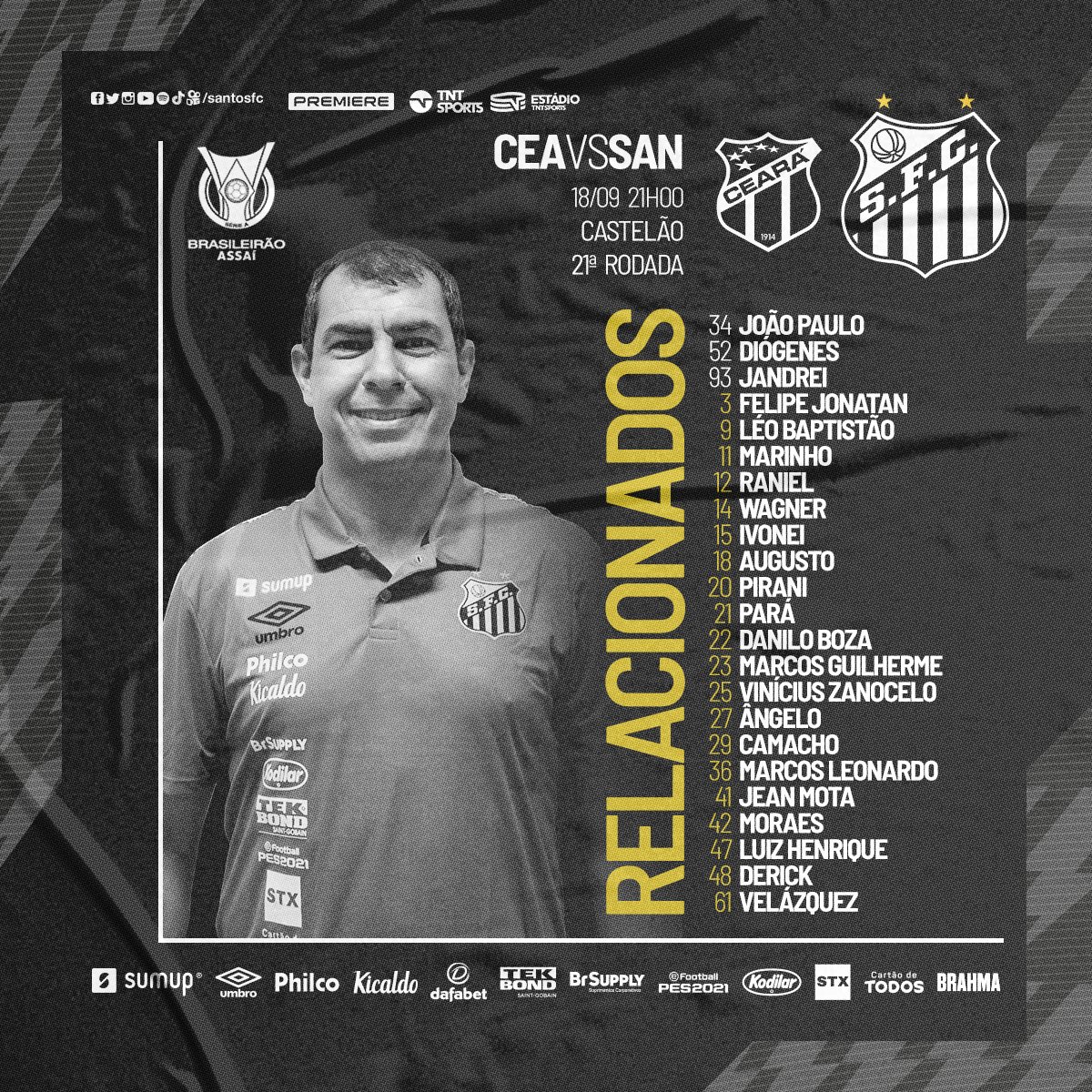 Santos relaciona 23 jogadores para enfrentar Ceará