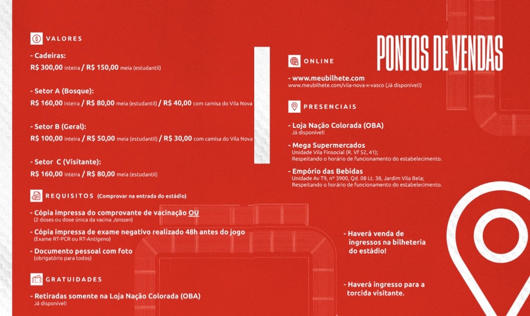Valores e pontos de venda de ingressos para o duelo entre Vila Nova x Vasco (Divulgação/Vila Nova FC)