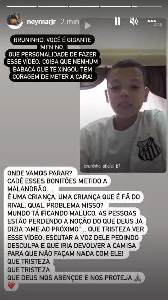 Neymar manda recado para Bruninho: “Você é gigante, menino”